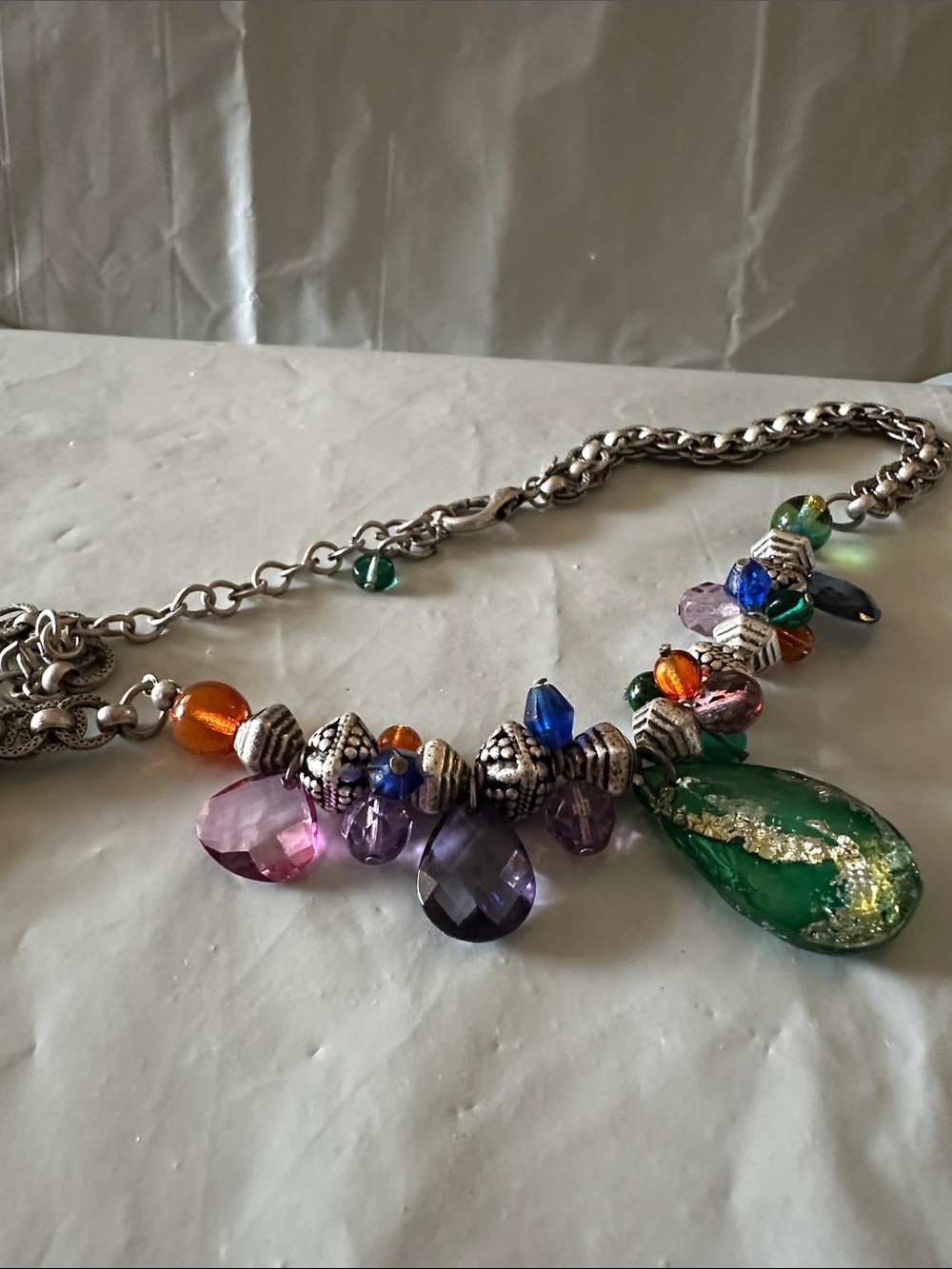 Chico's Colorful Beaded Necklace with Green Teardrop Pendant